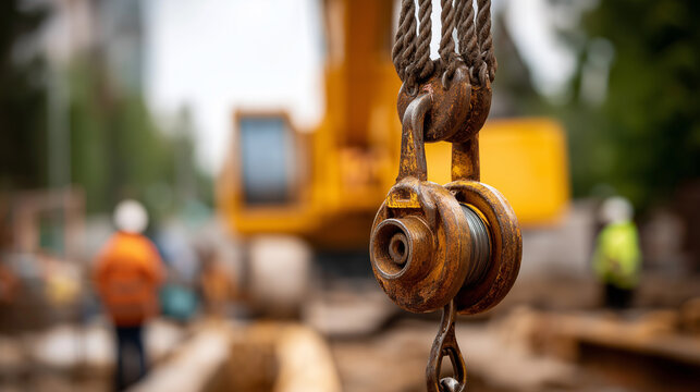 Crane hook lifting pipe section over trench rigging and installation infrastructure construction operation safety procedures heavy lift construction crew defocused below with