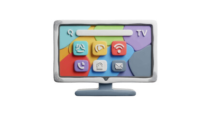 A handmade claymation smart television displaying a colorful user interface with various application icons.