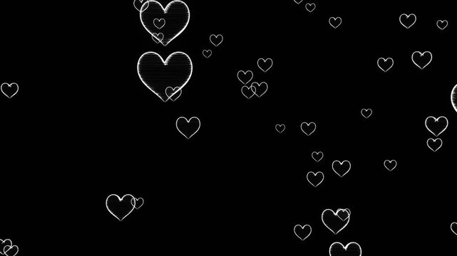 Holographic Outline Hearts Abstract Animation.A seamless loop of numerous abstract, glowing, outline heart shapes floating and rotating against a dark background. Perfect for romance, technology, cele