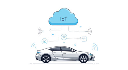 White Car Connected to IoT Cloud Network.