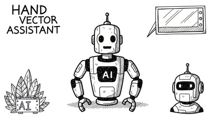 Hand-Drawn Robot with AI Symbol and Detailed Features.