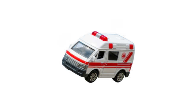White emergency ambulance vehicle with red stripes and lights isolated