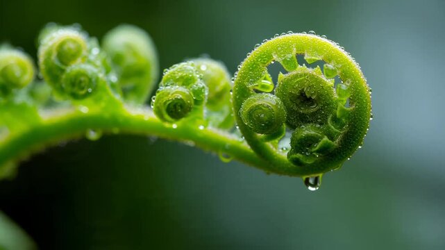 Close-up of vibrant green fiddleheads covered in water droplets against a blurred dark backdrop