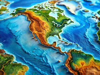 Macro Bathymetric World Map: America Centered, Detailed Ocean Depths