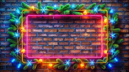 Macro Christmas Quiz Neon Frame on Brick Wall - New Year Celebration Stock Photo