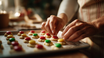 Hands pressing candy buttons into cookie dough before baking Christmas decoration technique colorful candy pieces festive baking creativity baking sheet visible kitchen