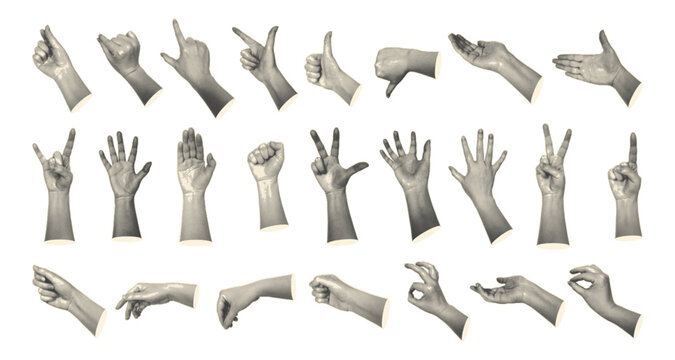 Monochrome hand gestures set. Vector artistic halftone effect for retro or editorial aesthetics. Poster design and digital art compositions, expressive communication concepts and creative signage