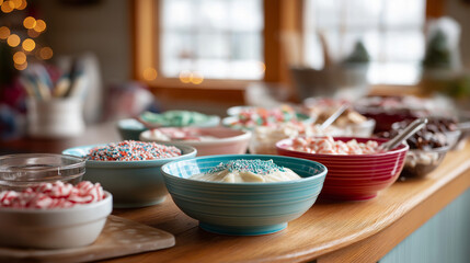Christmas cookie decorating party setup with multiple bowls of icing and sprinkles holiday group activity festive baking gathering colorful decoration supplies party table