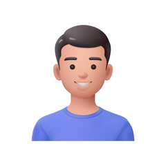 Man avatar, positive personage with smiling facial expression. Vector 3d style, isolated character with smile. Manager or user profile picture of account, social media or metaverse emoji