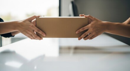 Two hands exchanging a delivery package over a table indoors  