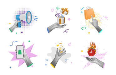 Offers and special gifts for customers. Vector collage 3d for promotional banners. Sales and discounts in shop or store. Hand with coins, burning clock, present and megaphone announcement
