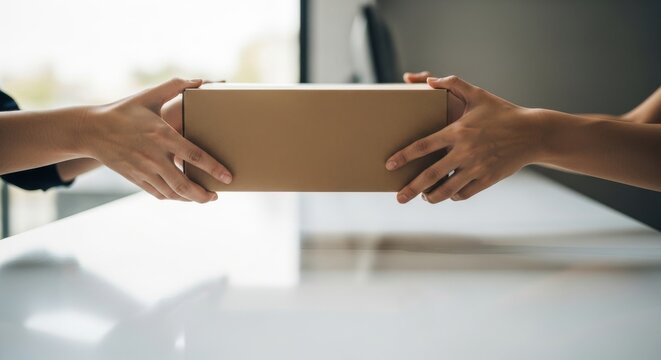 Two hands exchanging a delivery package over a table indoors  