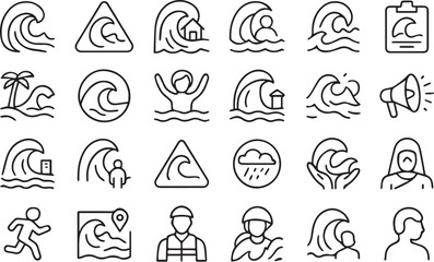 Tsunami awareness symbols isolated on white background depicting various aspects of tsunami events, safety measures, and potential impacts for educational purposes