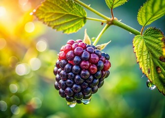 Macro Photography: Juicy Ripening Blackberry on Branch - Close Up Detail