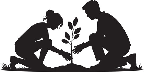 Arbor Day Young Couple Planting Tree Eco Concept Earth Day Reforestation Effort