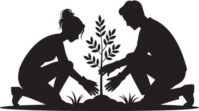 Arbor Day Silhouette Young Couple Planting Tree Earth Day Initiative Nature Care