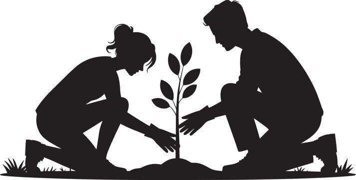 Arbor Day Young Couple Planting Tree Eco Concept Earth Day Reforestation Effort