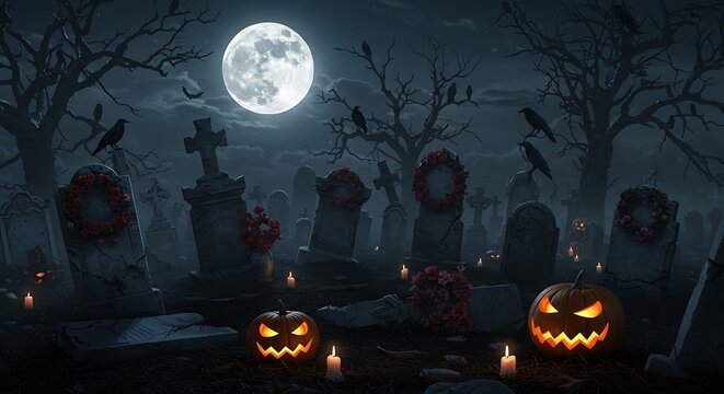 Spooky Halloween Cemetery Scene with Jack-o-Lanterns and Full Moon. - Powered by Adobe