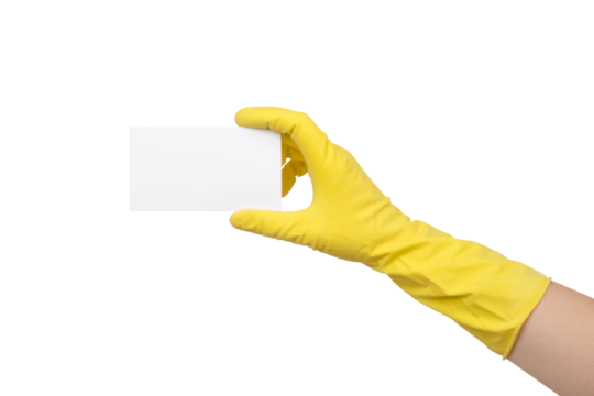 Hand in Yellow Protective Glove Showing Business Card Isolated on White and Png Transparent Background