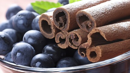 Savoring delicious blueberries with cinnamon sticks kitchen table food photography bright light culinary concept