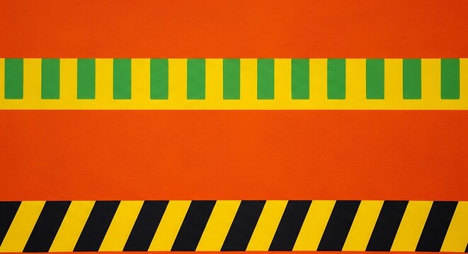 Striking Orange Backdrop with Cautionary Yellow and Green Striped Barriers.