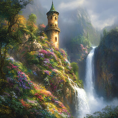Storybook Tower Landscape, "Magical Tower in Enchanting Landscape", "Fantasy Castle Over a Waterfall" "Enchanted Tower in Lush Landscape", "Fairytale Tower Surrounded by Nature", "Mystical Tower by a 