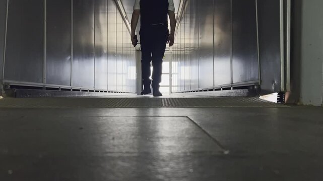 Low-angle shot of a male airport worker walking away from the camera down a long, metallic loading bridge. For travel, departure, and journey concepts
