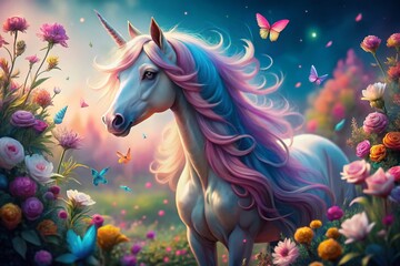 Magical Unicorn with Pink & Blue Hair, Flowers, Butterflies - Fantasy Stock Photo