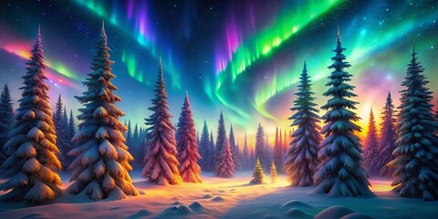 Magical Winter Forest: Christmas Trees & Aurora Borealis