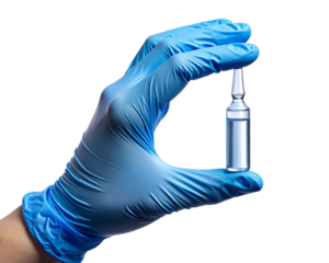 A macro side-angle shot of a gloved hand delicately gripping a small vaccine ampoule 