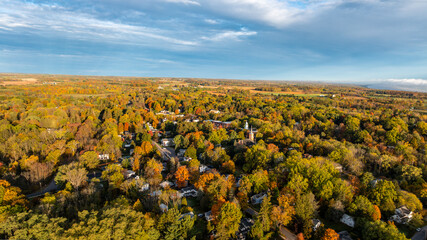 Trumansburg, NY, USA - October 17, 2025:  Aerial photo over the Village of Trumansburg, NY.
