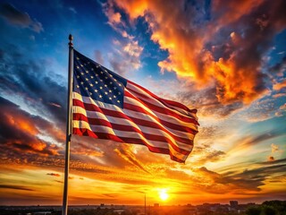 Majestic American Flag Sunset: Night Photography - Patriotism, Stars and Stripes