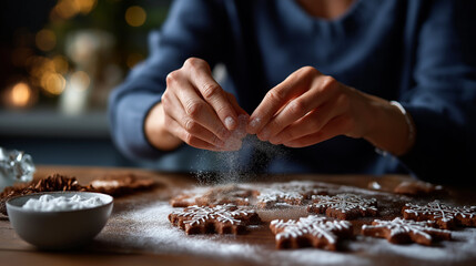 Hands using stencil to dust powdered sugar patterns on cookies Christmas decorating technique snowflake stencil visible elegant simplicity holiday baking art table surface def