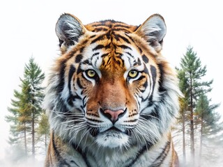 Majestic Amur Tiger Double Exposure: Wild Beauty on White Background