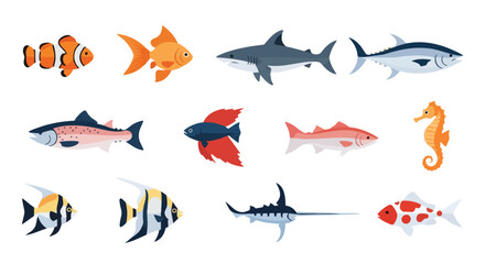Colorful Fish Flat Vector Illustration Set with Marine and Freshwater Species