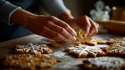 Hands using stencil to dust powdered sugar patterns on cookies Christmas decorating technique snowflake stencil visible elegant simplicity holiday baking art table surface def