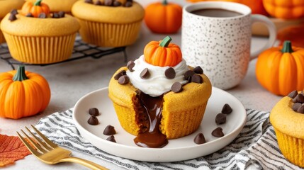 Delicious pumpkin cupcakes with chocolate filling cozy kitchen food photography autumn vibes top down view