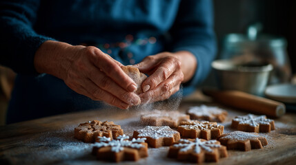 Hands using stencil to dust powdered sugar patterns on cookies Christmas decorating technique snowflake stencil visible elegant simplicity holiday baking art table surface def