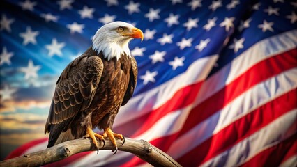 Majestic Bald Eagle Perched on Branch with American Flag Starburst Design