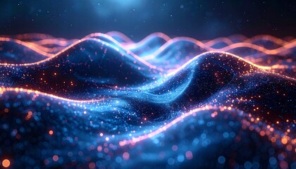 Abstract 3D rendering of digital waves and particles, showcasing a glowing, flowing pattern in blue and orange tones