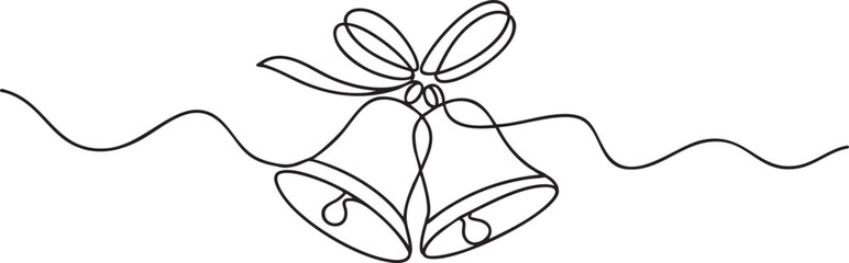 Continuous one line drawing of bells tied with ribbon symbolizing traditional holiday decoration and festive Christmas celebration in minimalist style