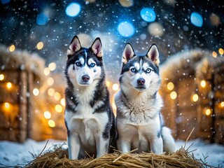 Majestic Black & White Huskies in Snowy Winter Wonderland Near Hay Bales - High-Resolution Stock Photo