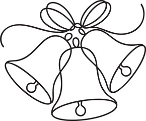 Continuous one line drawing of bells tied with ribbon symbolizing traditional holiday decoration and festive Christmas celebration in minimalist style