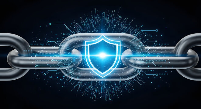 Secure blockchain technology protecting digital data with shield and chain link network connections for reliable cryptocurrency transactions