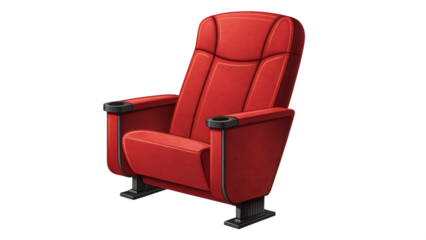Comfortable red movie theater seat with cup holders isolated on transparent background perfect for watching your favorite films in style