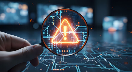 Cybersecurity professional inspecting digital threat with magnifying glass for system vulnerability assessment and data breach prevention today