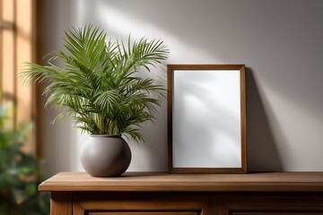 Framed poster mockup hanging above wooden console table with a potted plant, creating a serene atmosphere in a well-lit interior space with natural light