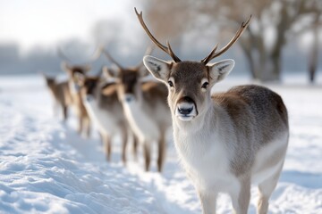 Group of reindeer standing in a snow-covered field, showcasing calm winter mood with soft light and serene atmosphere, perfect for nature and wildlife themes