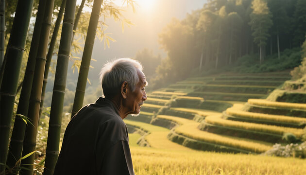 Elderly man reflecting peacefully in rice fields at sunrise for relieving anxiety  