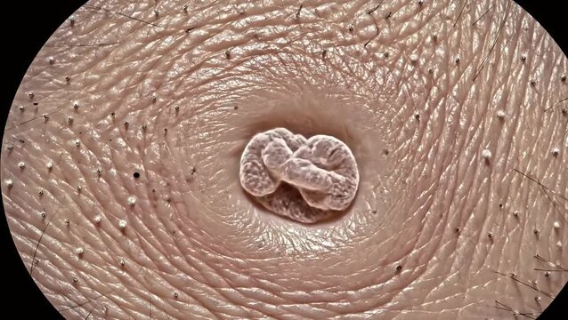 Detailed macro view of a human navel showing the intricate skin texture, pores, and tiny hairs on the abdomen
